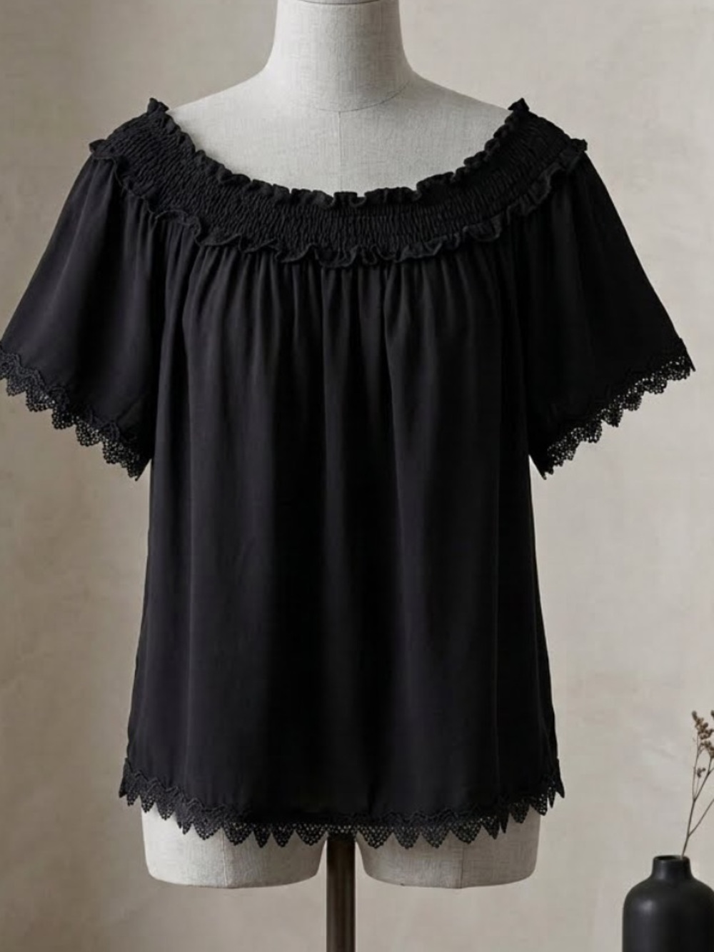 Girls Black Off-Shoulder Lace-Trim Peasant Top - back to school - casual